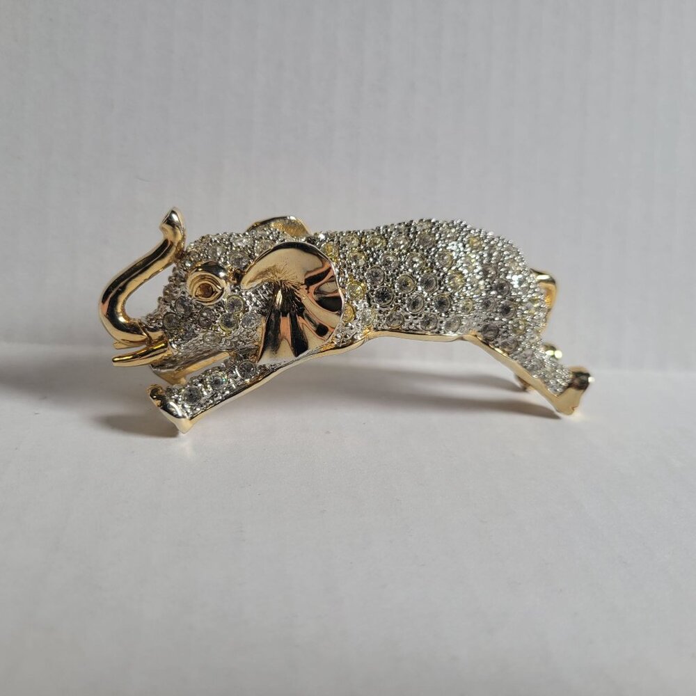 Vintage Extra Large Elephant Brooch Pin Gold Rhinestone XL 3D Estate 1980s